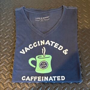 Life Is Good Navy Tee with Green Coffee Cup Graphic